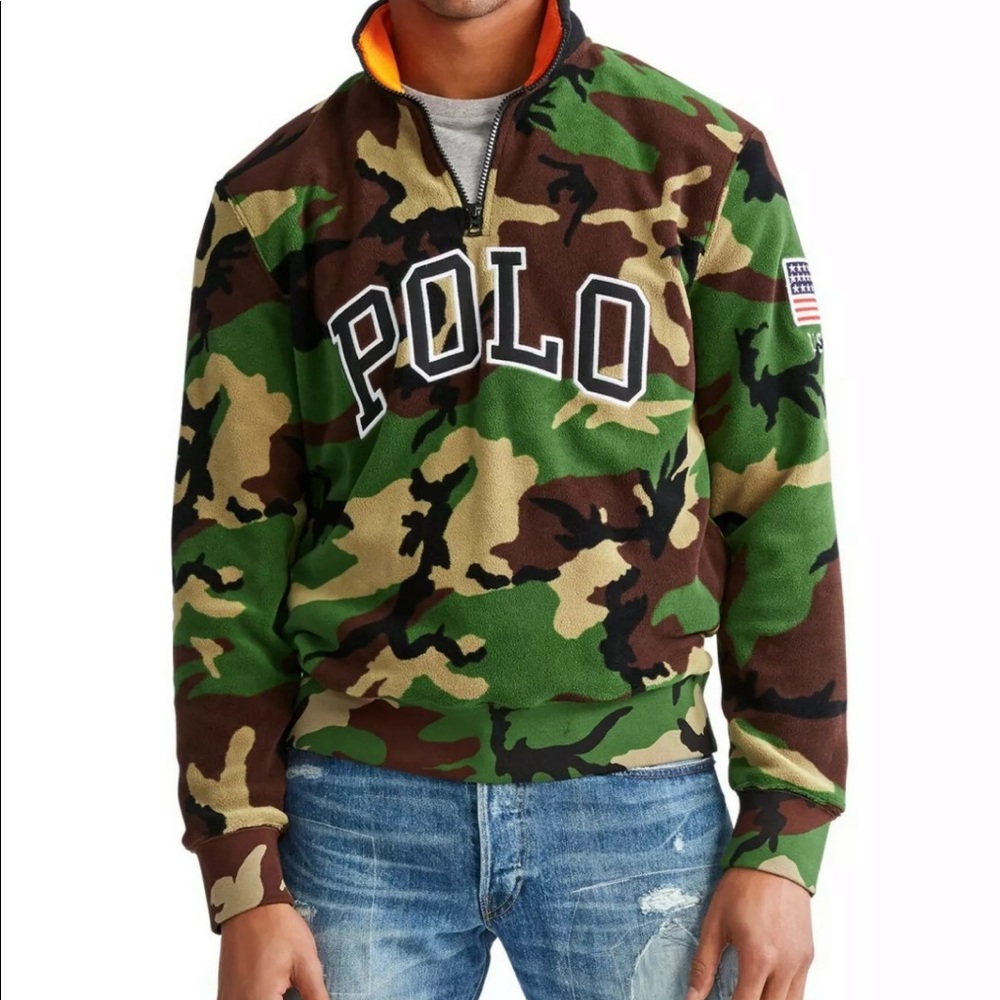 Polo Ralph Lauren Men's Green Camouflage 1/4 Zip Fleece Sweatshirt